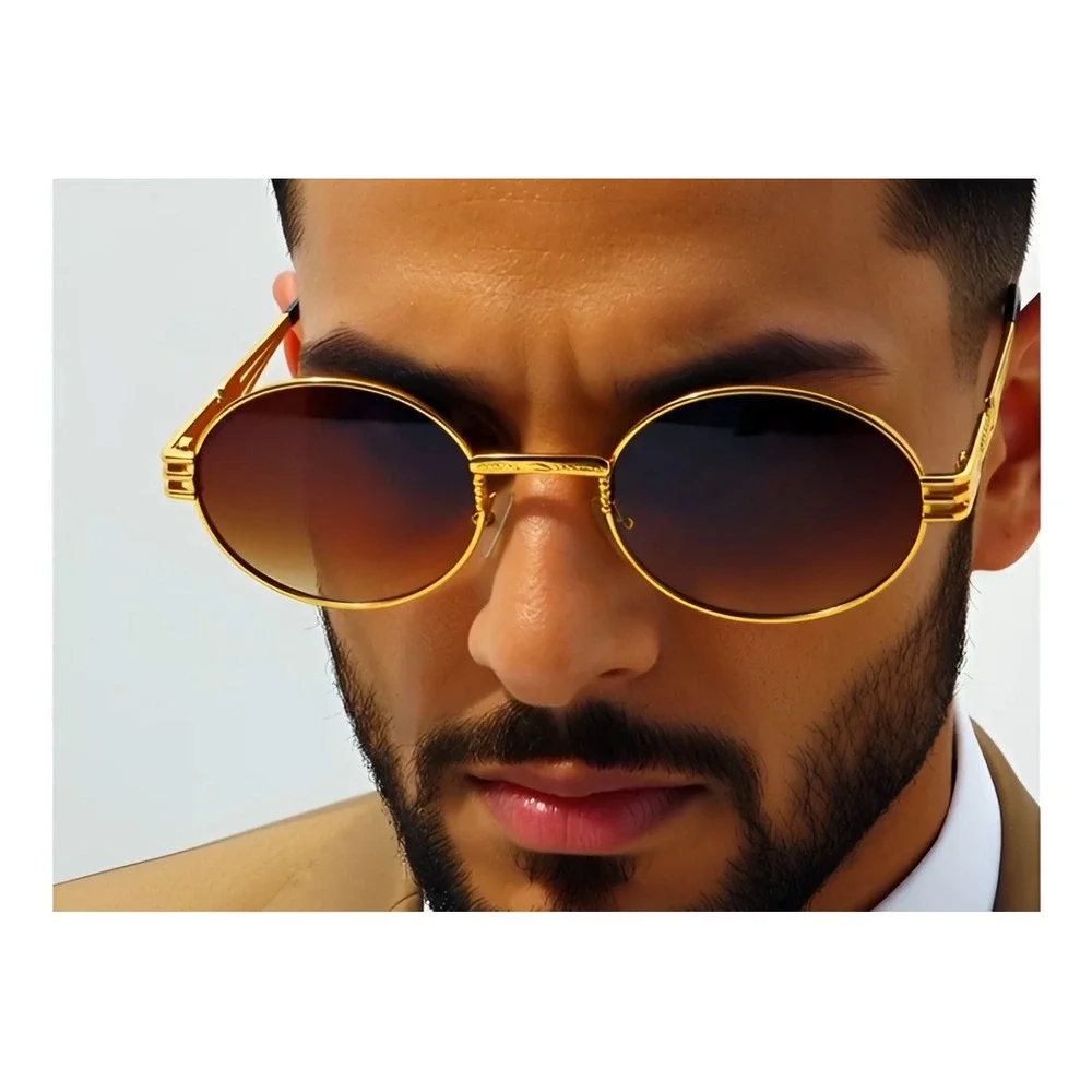 Round Sunglasses Gold Frame Brown Lens Designer Fashion Men Outdoor Beach‎ Party